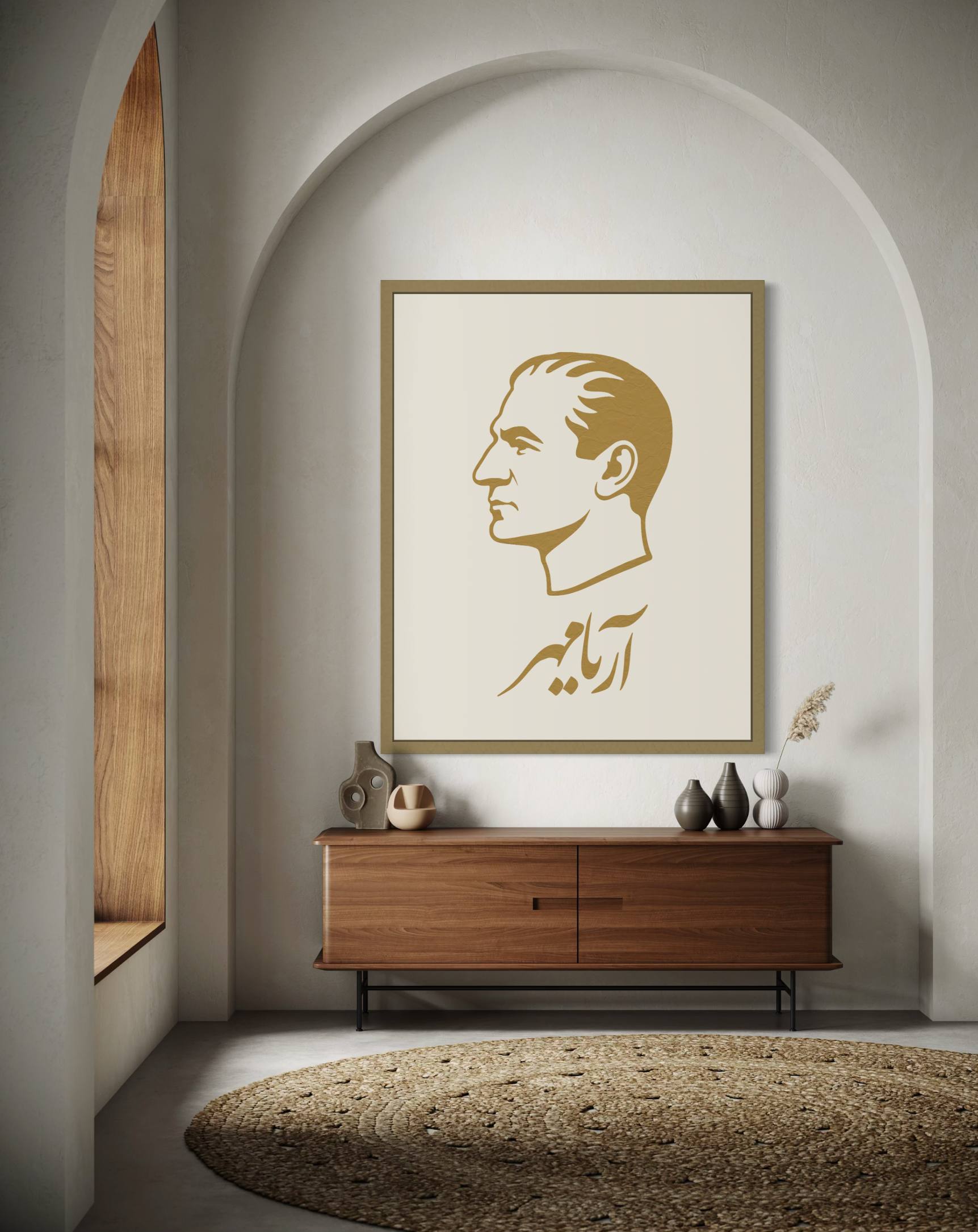 Gold Atatürk portrait wall panel in a calm interior