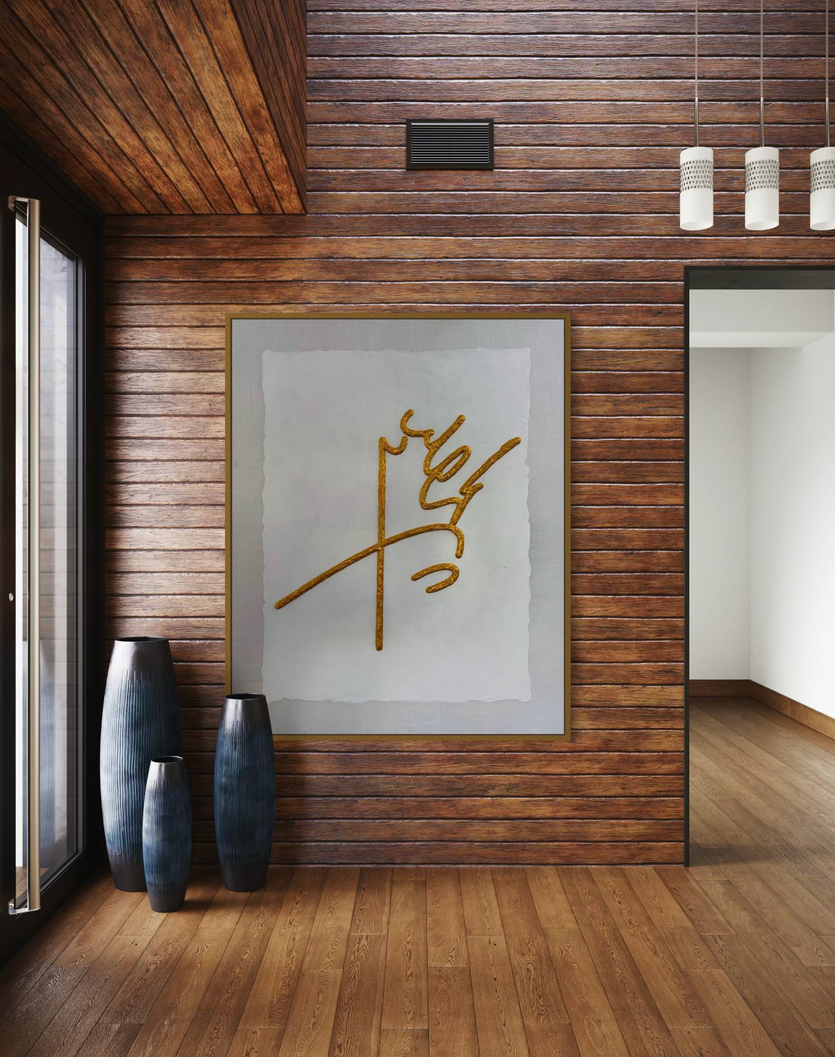 Vertical gold Persian calligraphy panel in a modern interior
